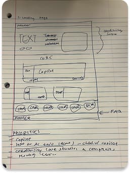 LoFi paper sketch of initial Conduit landing page IA