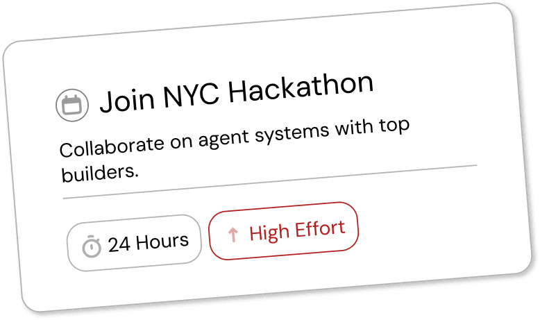 Third prototype before iteration: single Join NYC Hackathon card with effort and duration metadata