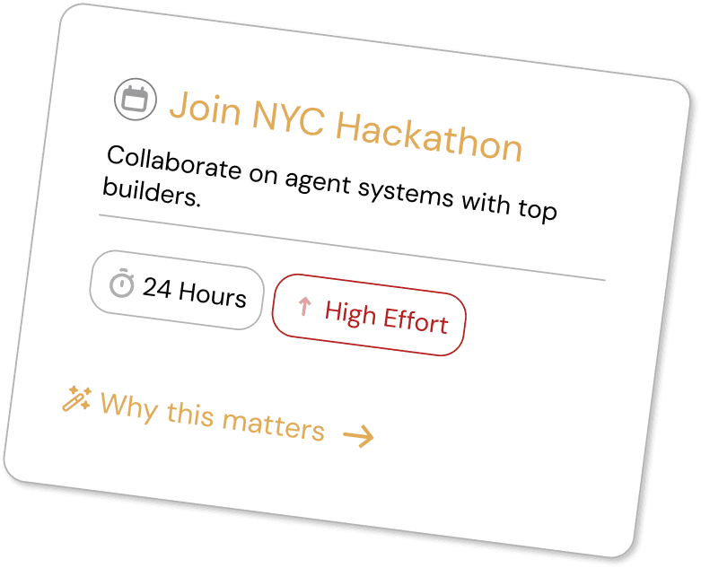Third prototype after iteration: same Join NYC Hackathon card with added Why this matters CTA reveal