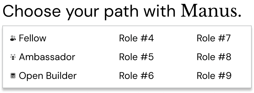 Second prototype iteration: simpler Choose your path with Manus role grid showing Fellow, Ambassador, Open Builder roles