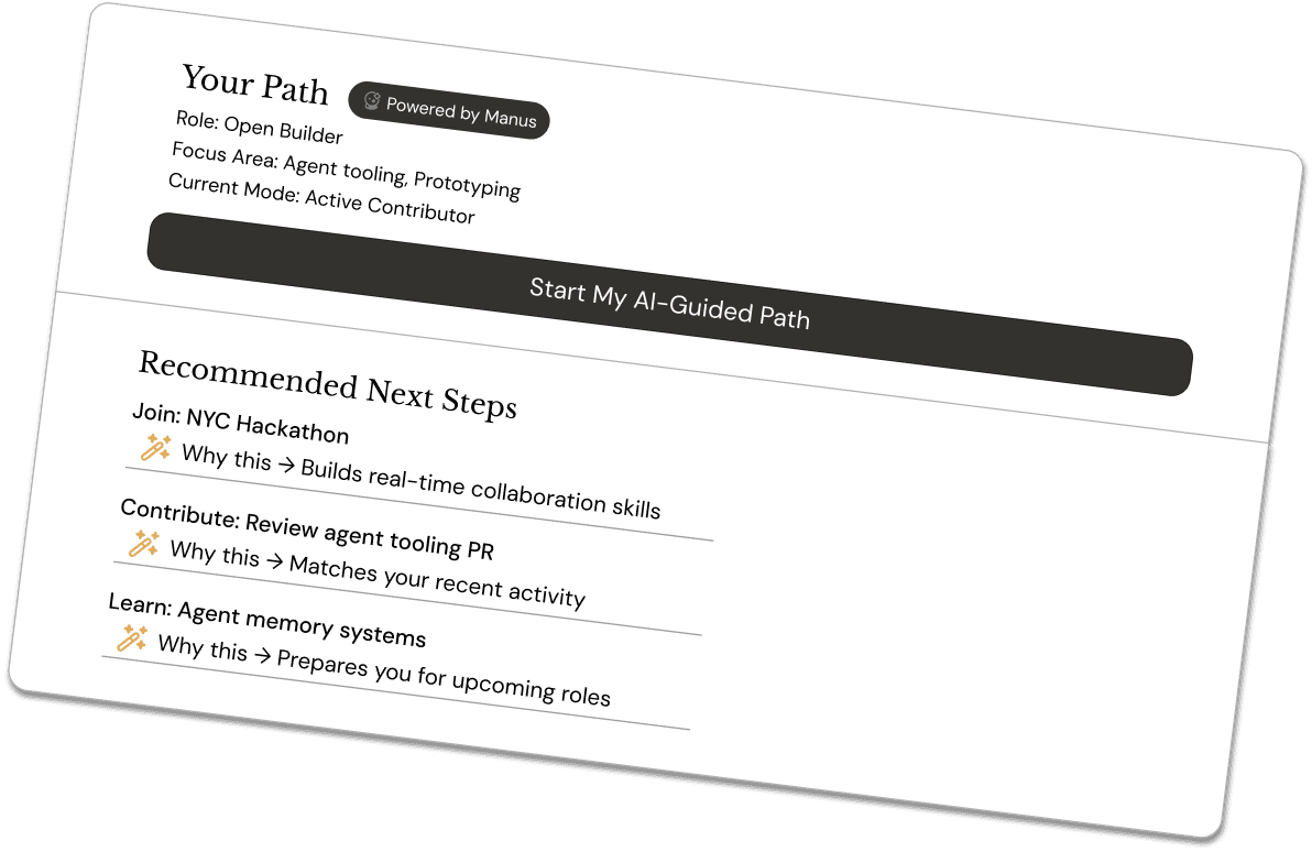 Third prototype iteration v2: expanded Your Path card with Recommended Next Steps showing NYC Hackathon, agent tooling PR review, and agent memory systems