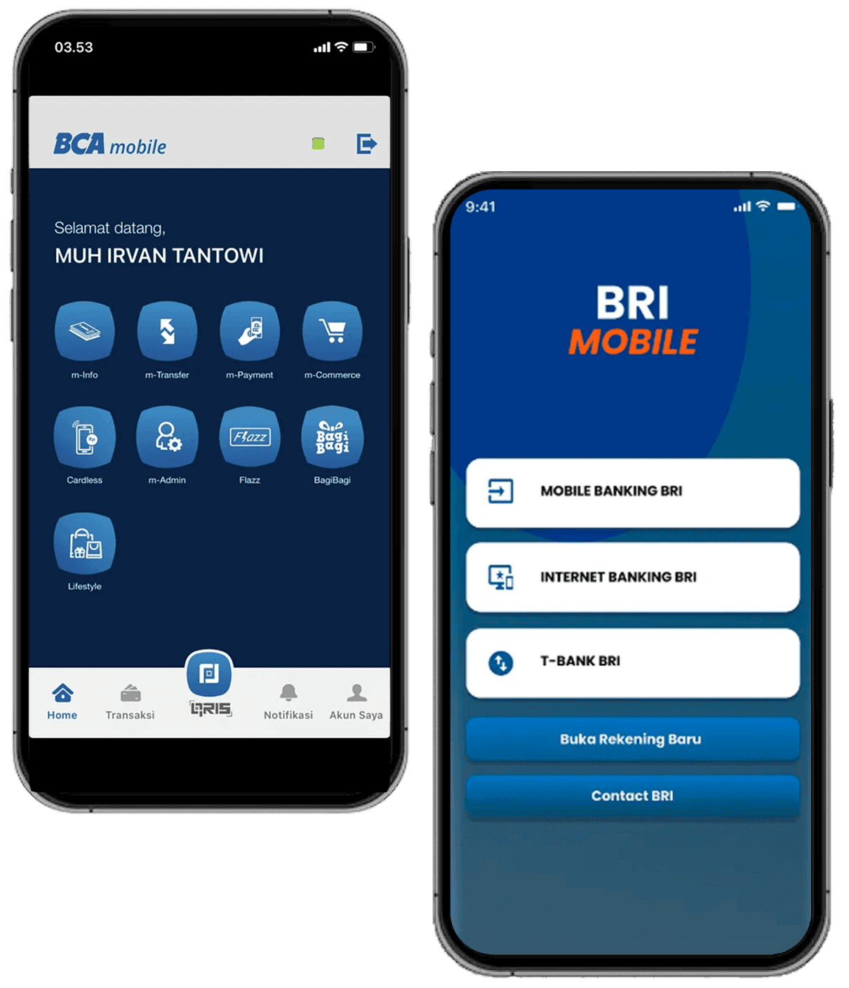 BCA mobile and BRI mobile app home screens shown side by side, each surfacing a separate set of fragmented financial features